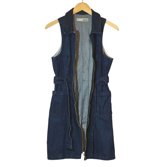 TOPSHOP MOTO Blue Denim Mini Dress Sleeveless Zip Up Front Belted Tie Waist 10 - Picture 7 of 13